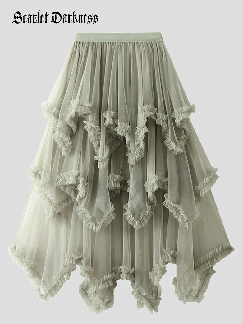 Women's Spliced Mesh High Low Hem Ruffled Skirt - Image 14