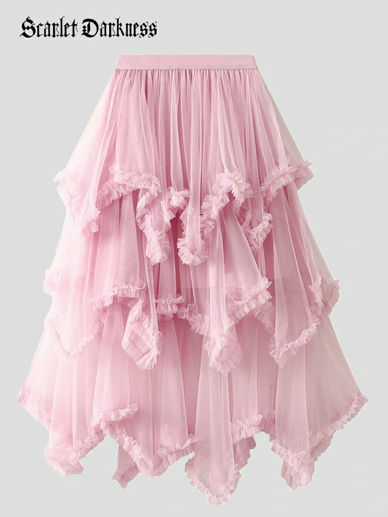 Women's Spliced Mesh High Low Hem Ruffled Skirt - Image 16