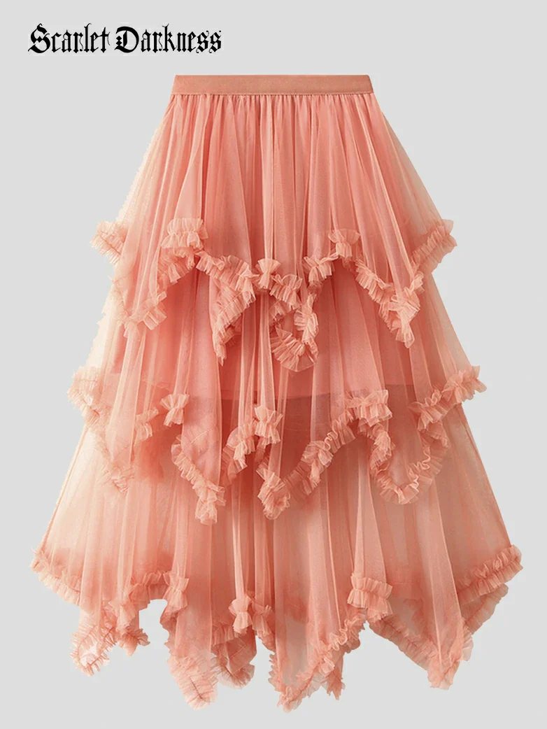 Women's Spliced Mesh High Low Hem Ruffled Skirt - Image 17