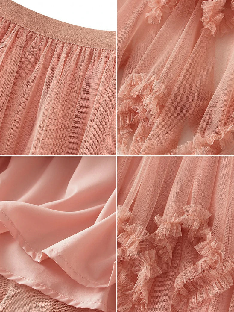 Women's Spliced Mesh High Low Hem Ruffled Skirt - Image 18