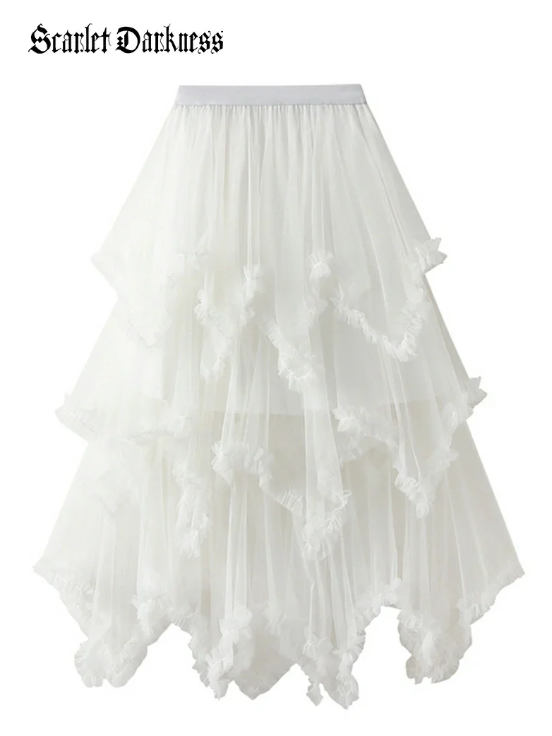 Women's Spliced Mesh High Low Hem Ruffled Skirt - Image 5
