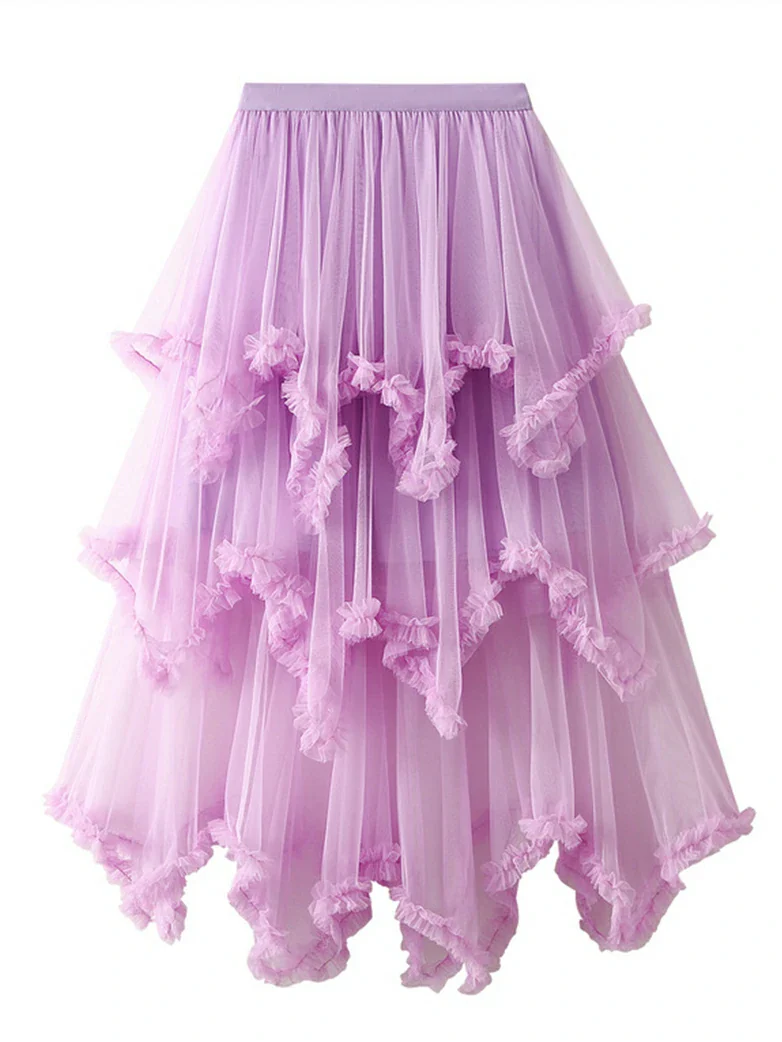 Women's Spliced Mesh High Low Hem Ruffled Skirt - Image 7