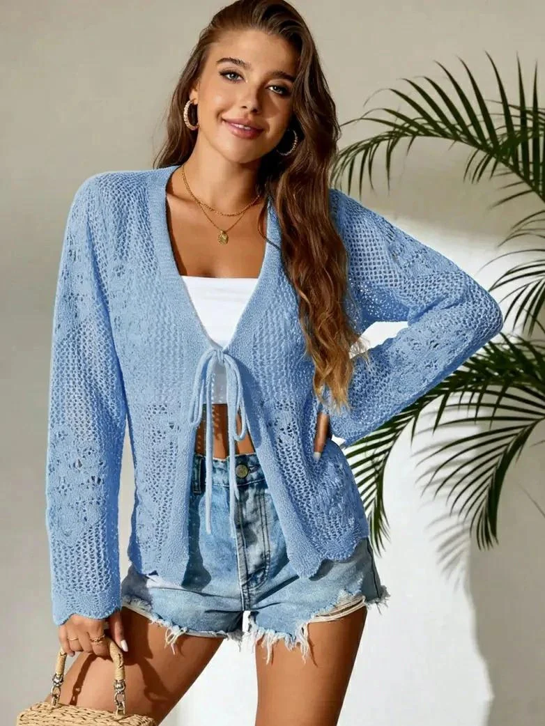 Women's Tie-Waist Casual Hollow-Out Cardigan - Image 4