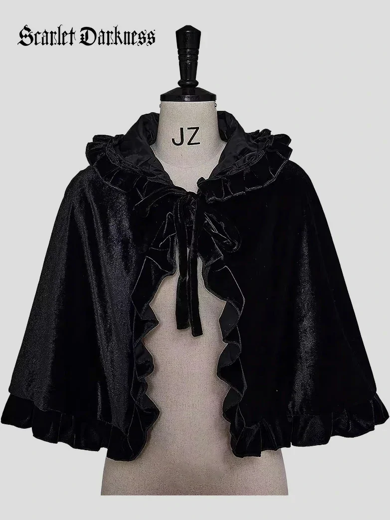 Little Red Riding Hood Velvet Pleated Lace Cape - Image 3
