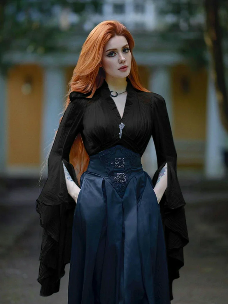 Women Victorian Gothic Pirate Flare Sleeve Shirt - Image 6