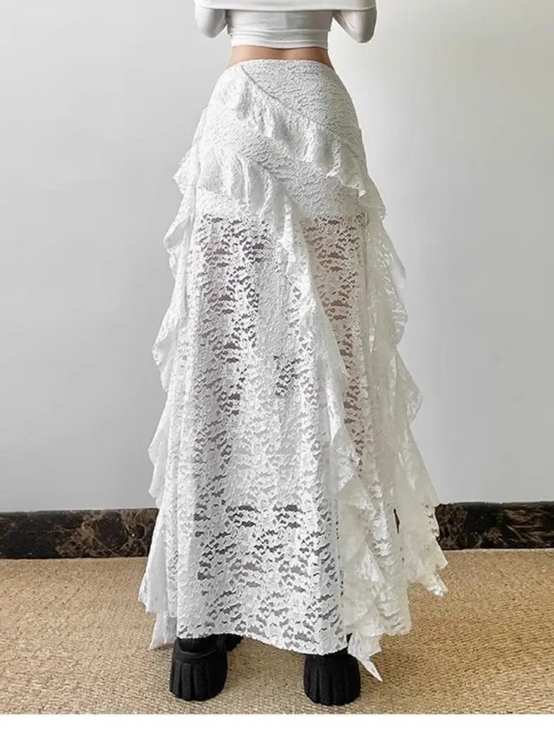 Tiered Lace Midi Skirt with Irregular Ribbon - Image 3