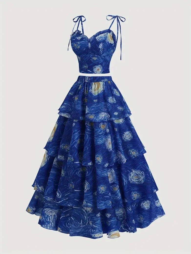 Victorian Starry Night Printed Two Piece Skirt Set - Image 2