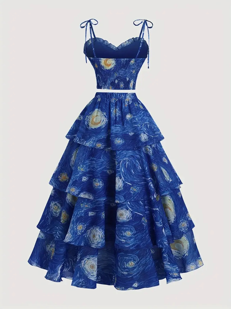 Victorian Starry Night Printed Two Piece Skirt Set - Image 3