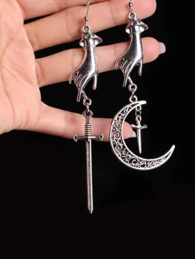 Gothic Moon Sword Hand Earrings