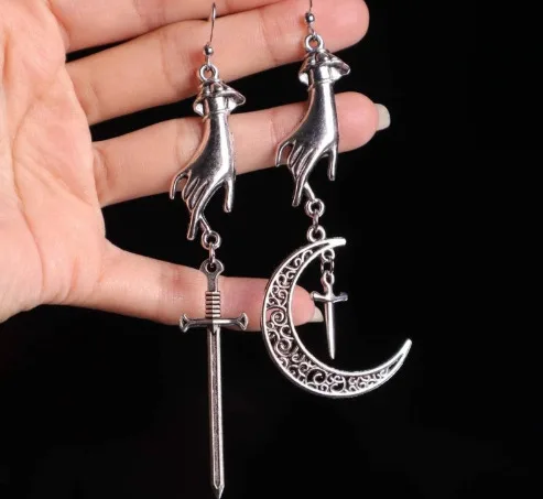 Gothic Moon Sword Hand Earrings - Image 2