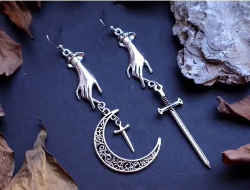 Gothic Moon Sword Hand Earrings - Image 3