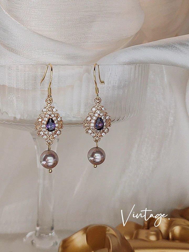 Purple Teardrop Pearl Earrings - Image 3