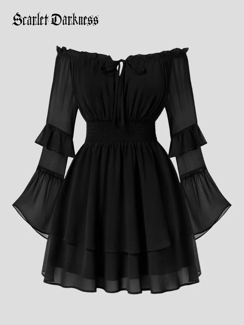 Renaissance Chiffon Elastic Waist Off Shoulder Above Knee Dress