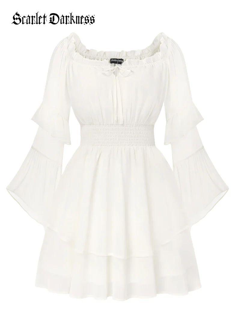 Renaissance Chiffon Elastic Waist Off Shoulder Above Knee Dress - Image 14