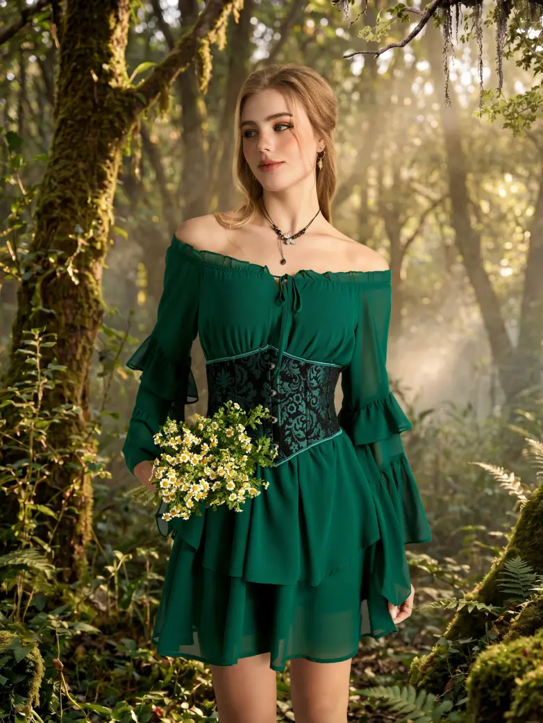 Renaissance Chiffon Elastic Waist Off Shoulder Above Knee Dress - Image 23