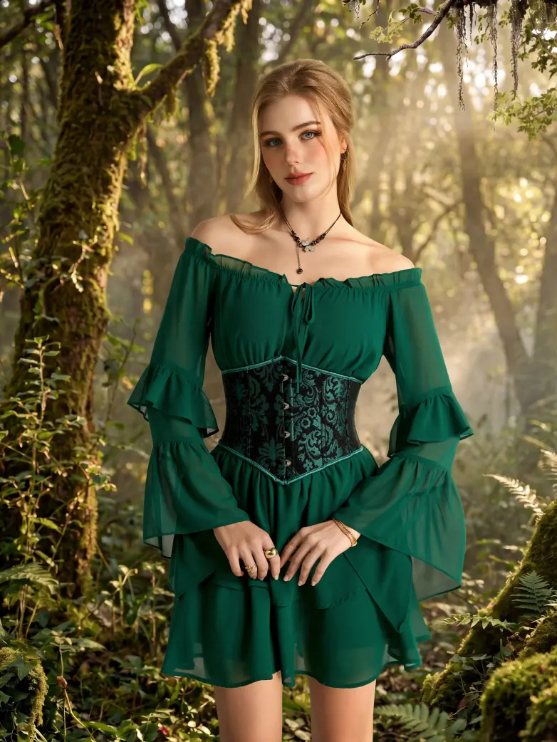 Renaissance Chiffon Elastic Waist Off Shoulder Above Knee Dress - Image 24