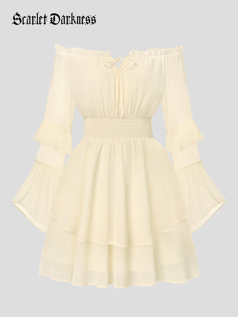 Renaissance Chiffon Elastic Waist Off Shoulder Above Knee Dress - Image 7