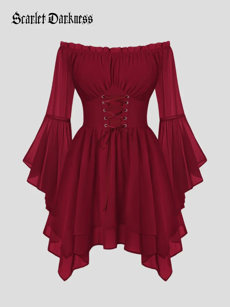 Renaissance Off Shoulder Lace Up Corset Dress with Pockets