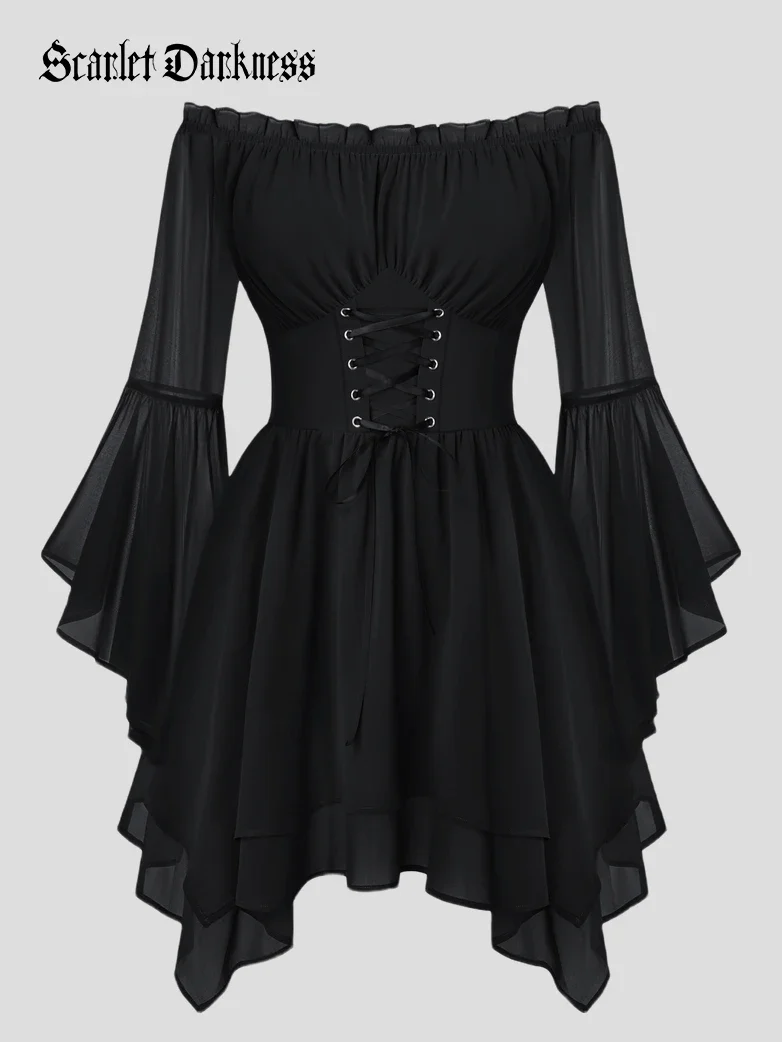 Renaissance Off Shoulder Lace Up Corset Dress with Pockets - Image 16