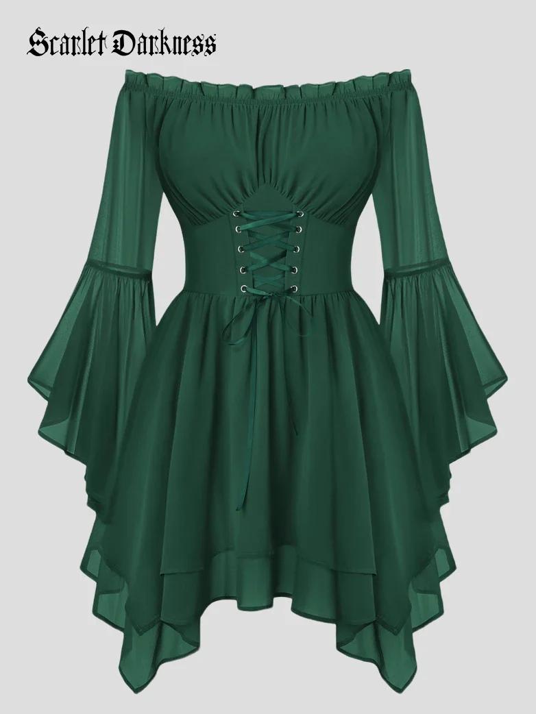 Renaissance Off Shoulder Lace Up Corset Dress with Pockets - Image 19