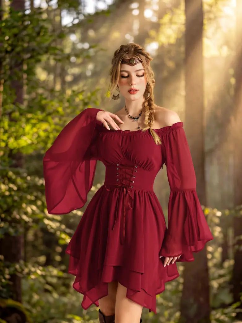 Renaissance Off Shoulder Lace Up Corset Dress with Pockets - Image 2