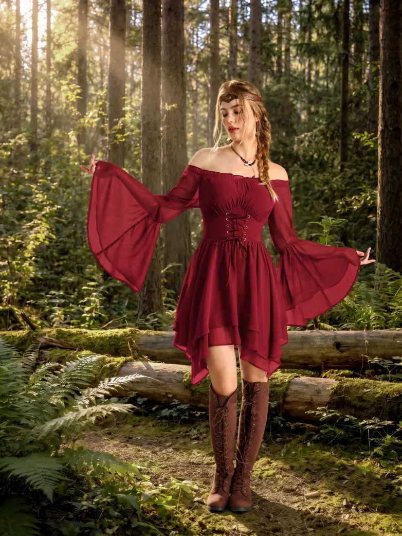 Renaissance Off Shoulder Lace Up Corset Dress with Pockets - Image 3