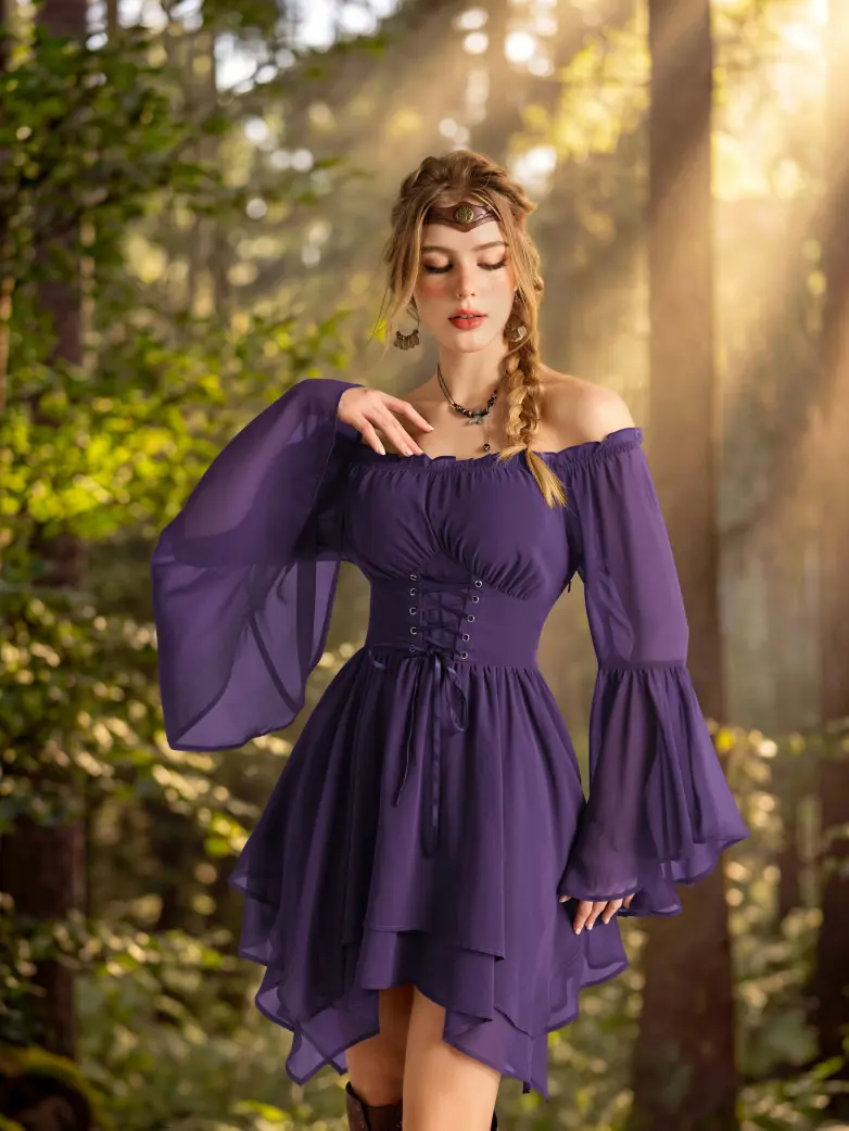 Renaissance Off Shoulder Lace Up Corset Dress with Pockets - Image 8