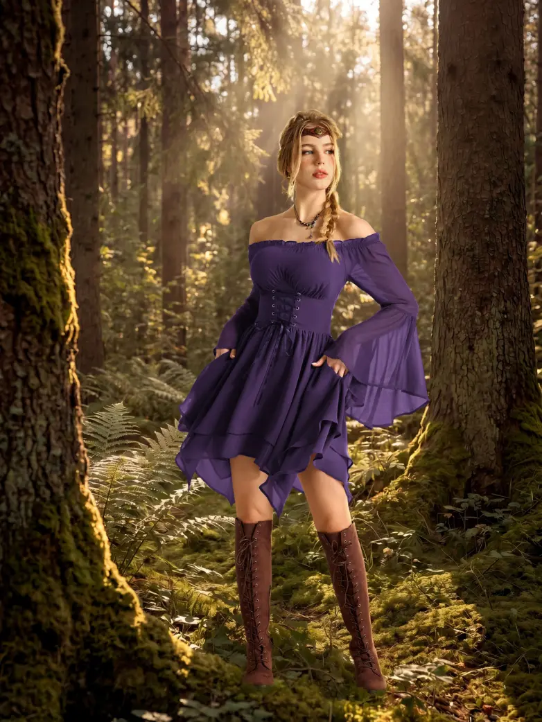 Renaissance Off Shoulder Lace Up Corset Dress with Pockets - Image 9