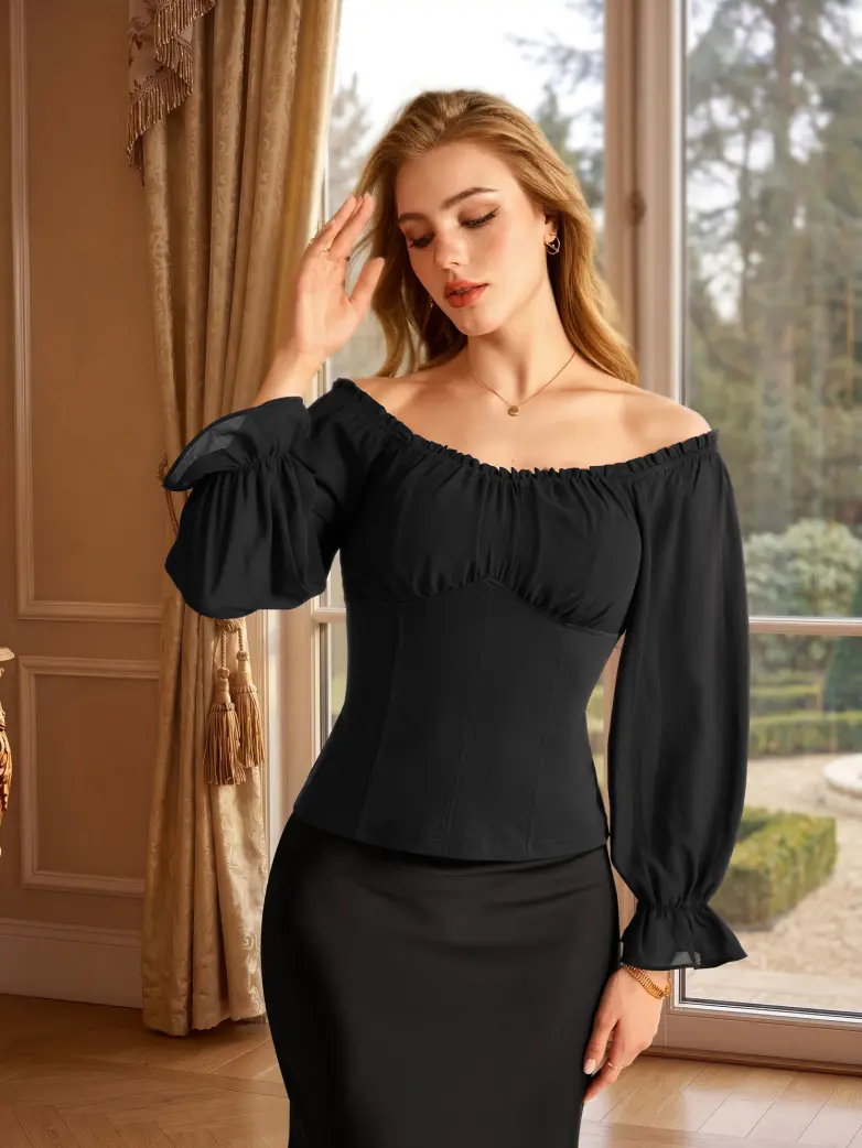 Women’s Off Shoulder Corset Top with Long Sleeves - Image 5