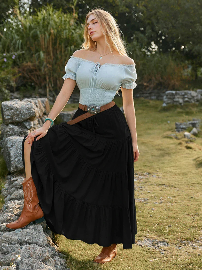 Renaissance Drawstring Swing Maxi Skirt with Pockets - Image 11