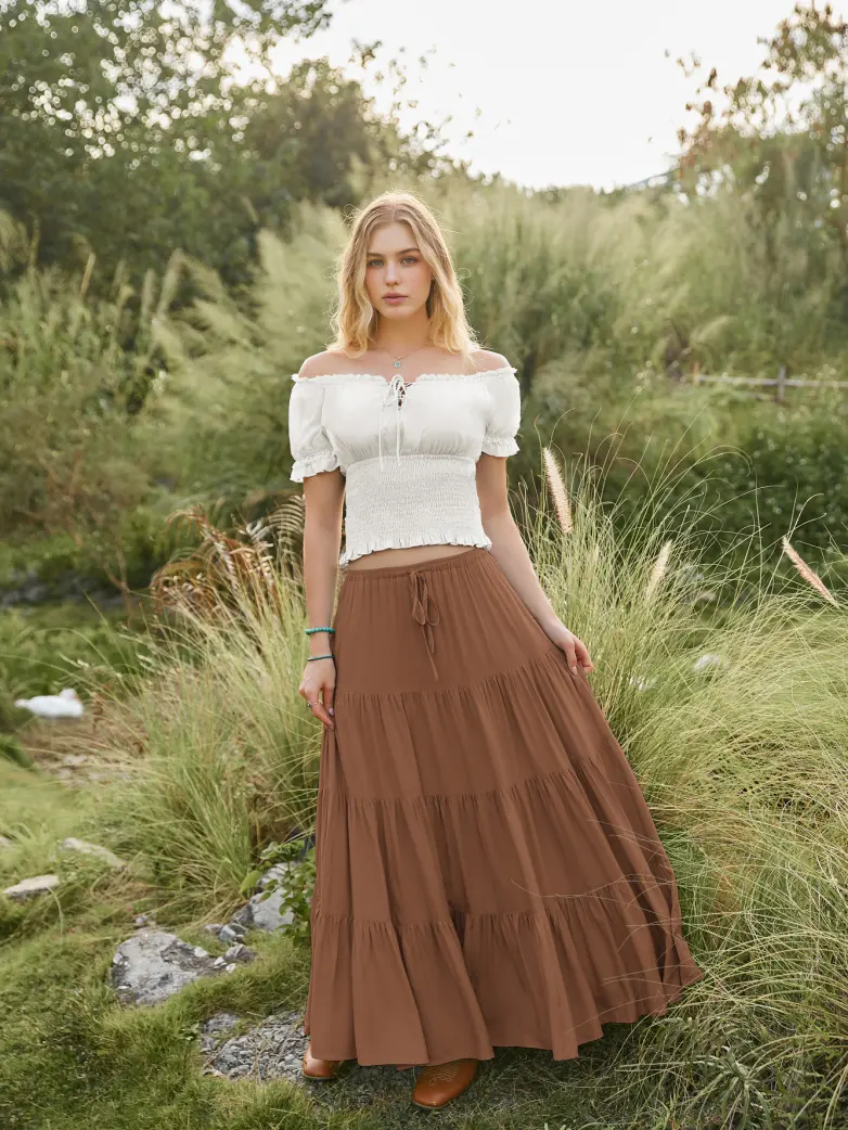 Renaissance Drawstring Swing Maxi Skirt with Pockets - Image 30