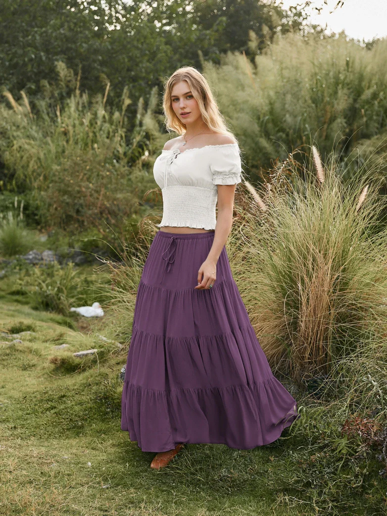 Renaissance Drawstring Swing Maxi Skirt with Pockets - Image 37