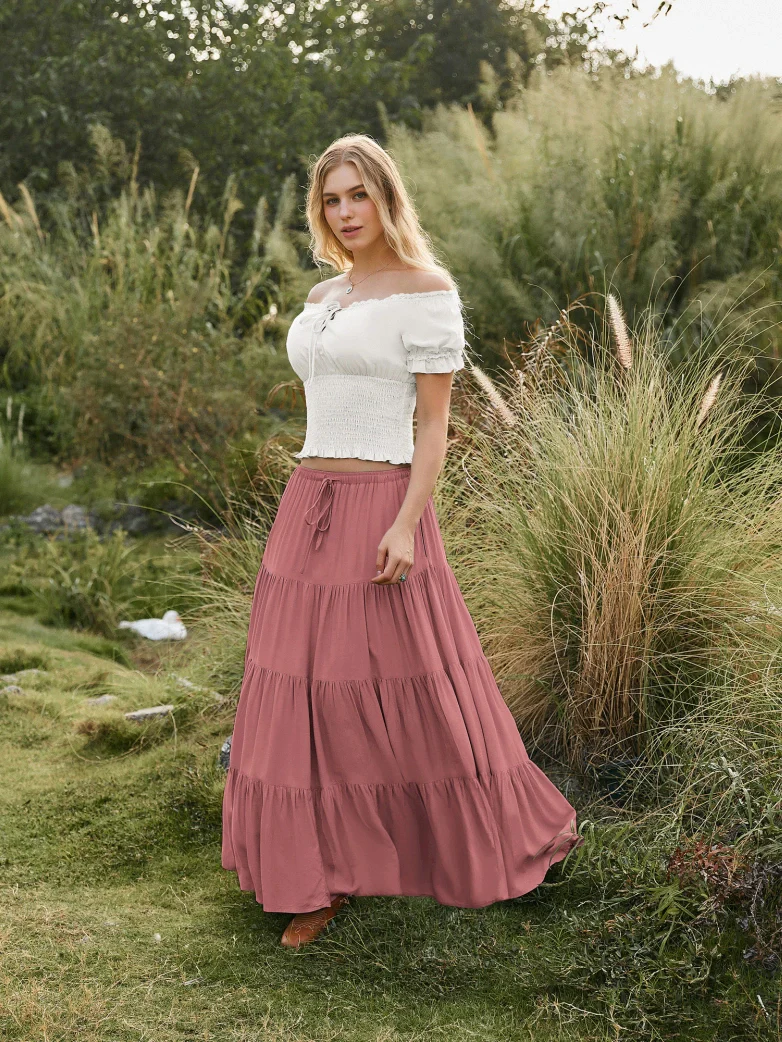 Renaissance Drawstring Swing Maxi Skirt with Pockets - Image 46