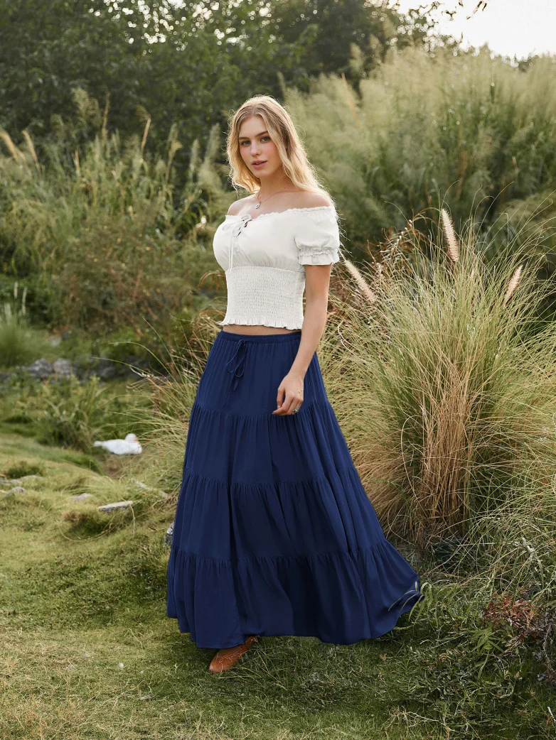 Renaissance Drawstring Swing Maxi Skirt with Pockets - Image 53