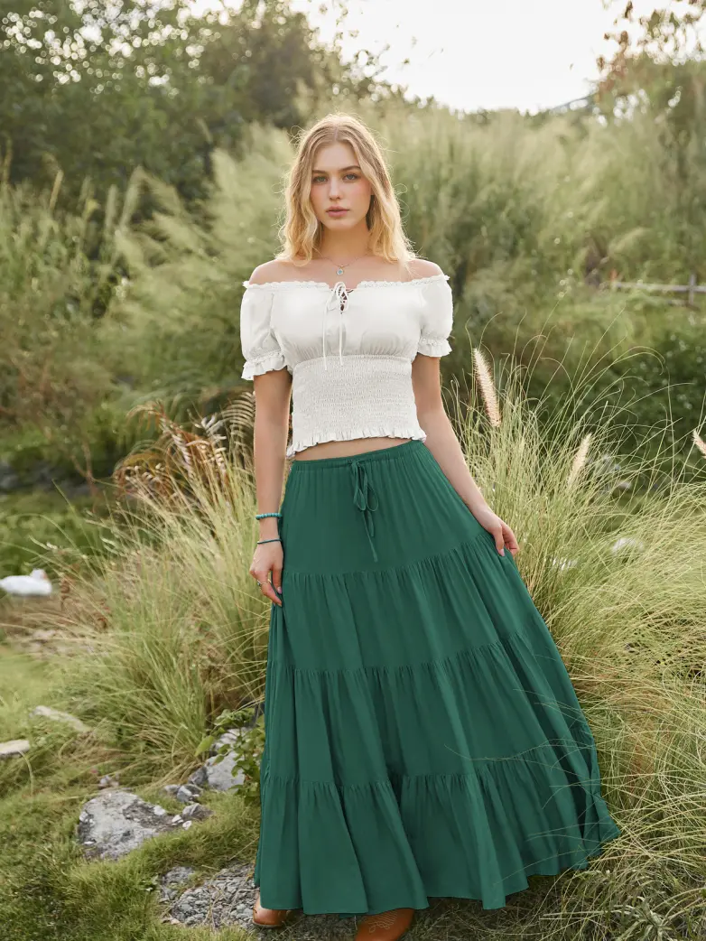 Renaissance Drawstring Swing Maxi Skirt with Pockets - Image 72