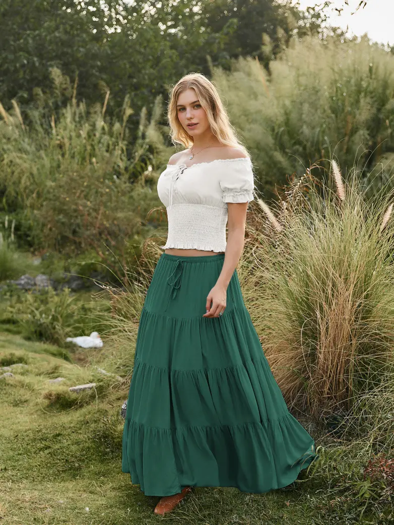Renaissance Drawstring Swing Maxi Skirt with Pockets - Image 73