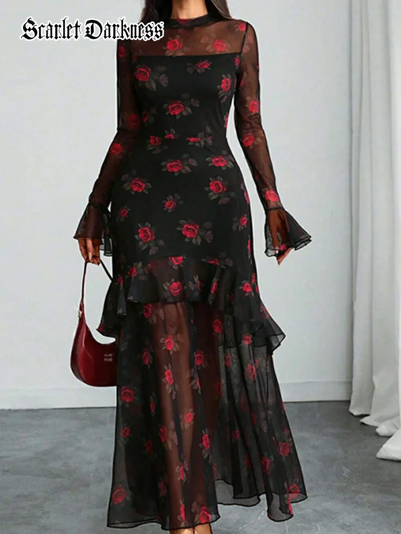 Floral Mesh Cover-Up Party Dress with Ruffled Sleeves - Image 7