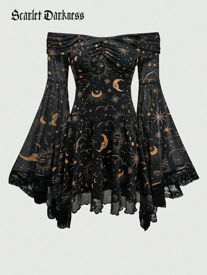 Gothic Whimsical Off Shoulder Bell Sleeve Witch Dress