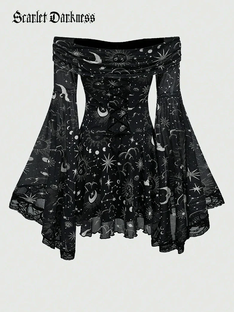 Gothic Whimsical Off Shoulder Bell Sleeve Witch Dress - Image 11