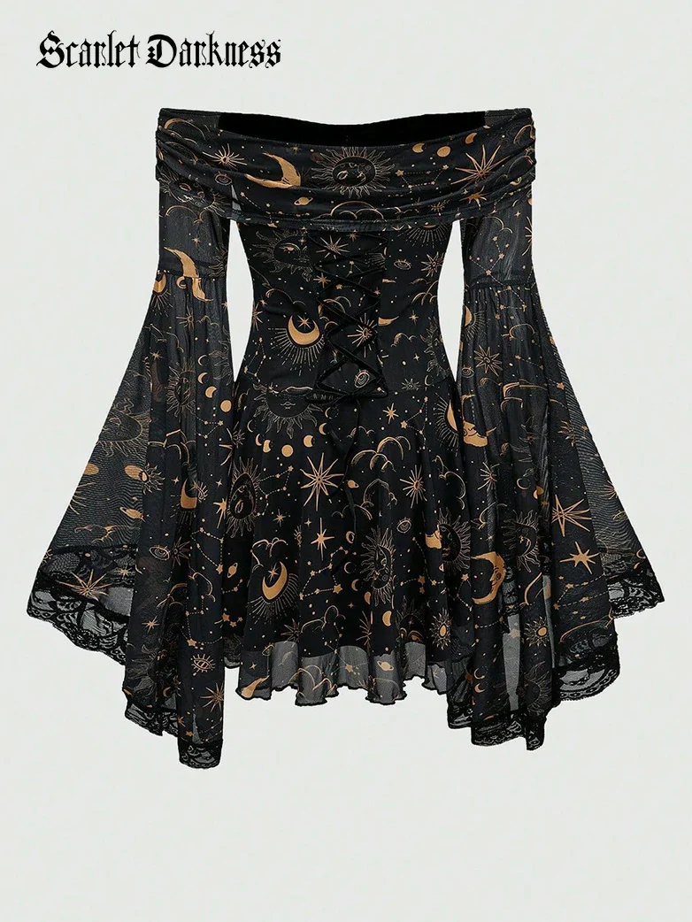 Gothic Whimsical Off Shoulder Bell Sleeve Witch Dress - Image 6