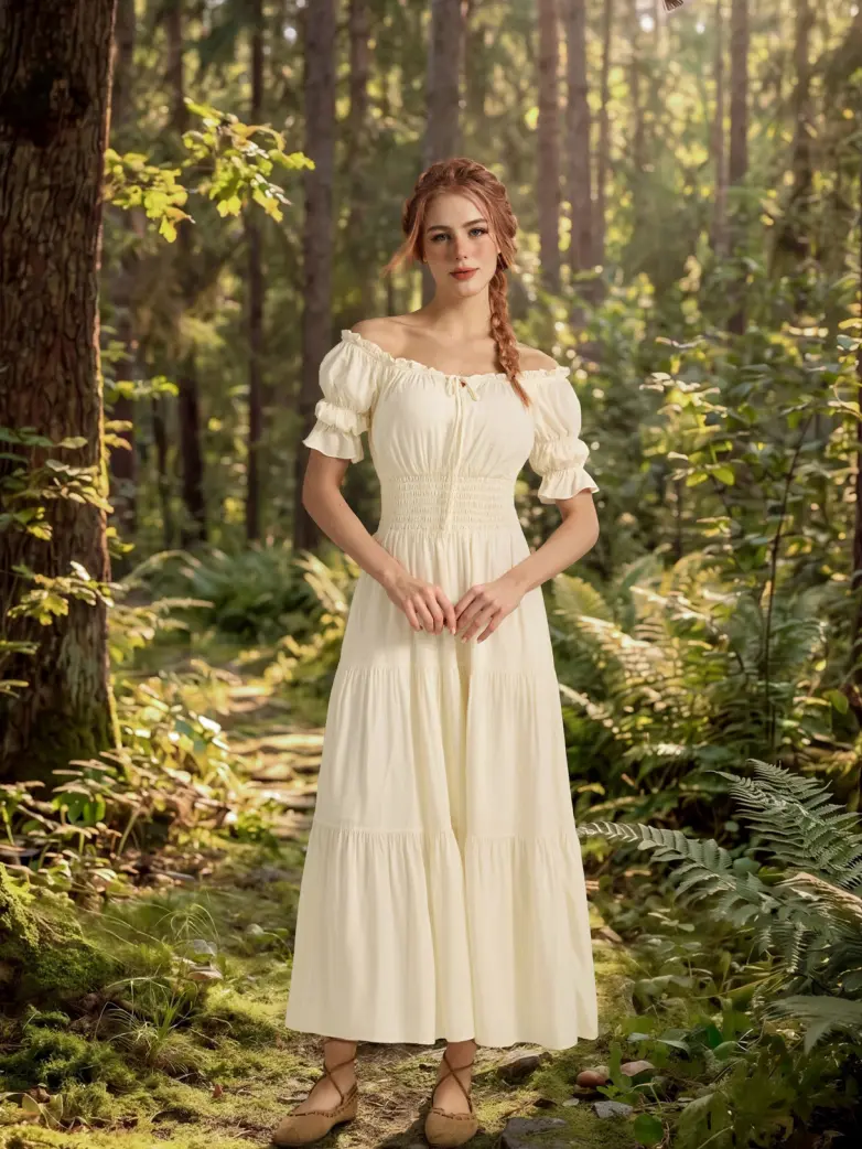 Women's Off Shoulder Puff Sleeve Smocked Waist Maxi Dress