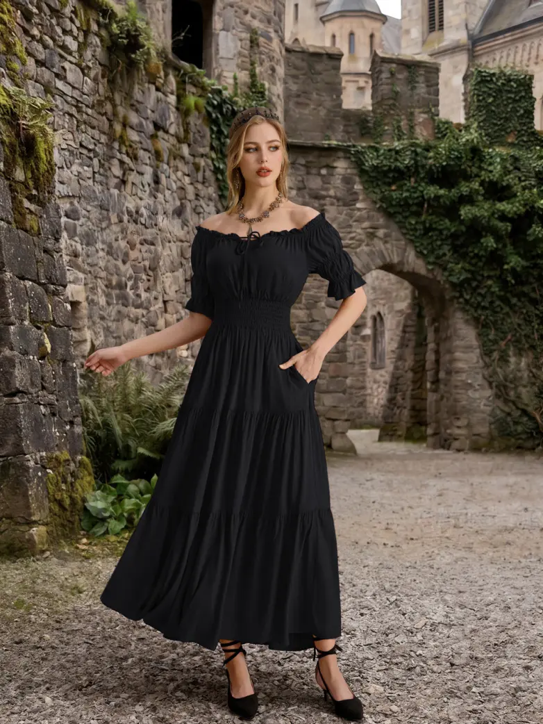 Women's Off Shoulder Puff Sleeve Smocked Waist Maxi Dress - Image 13