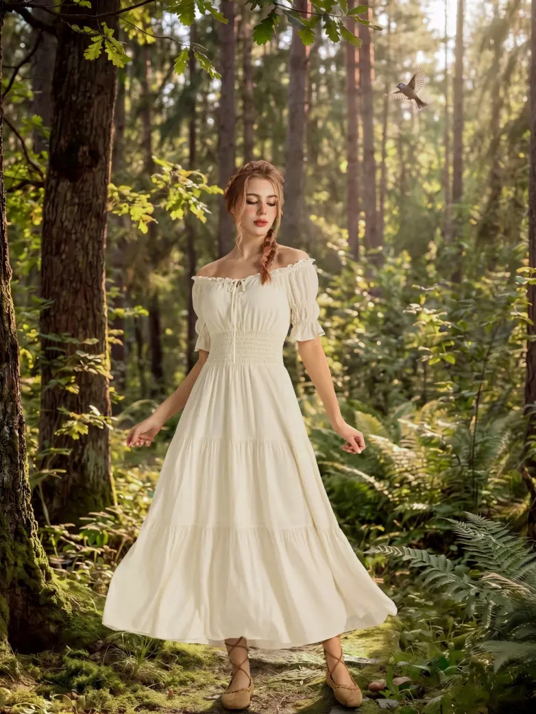 Women's Off Shoulder Puff Sleeve Smocked Waist Maxi Dress - Image 2