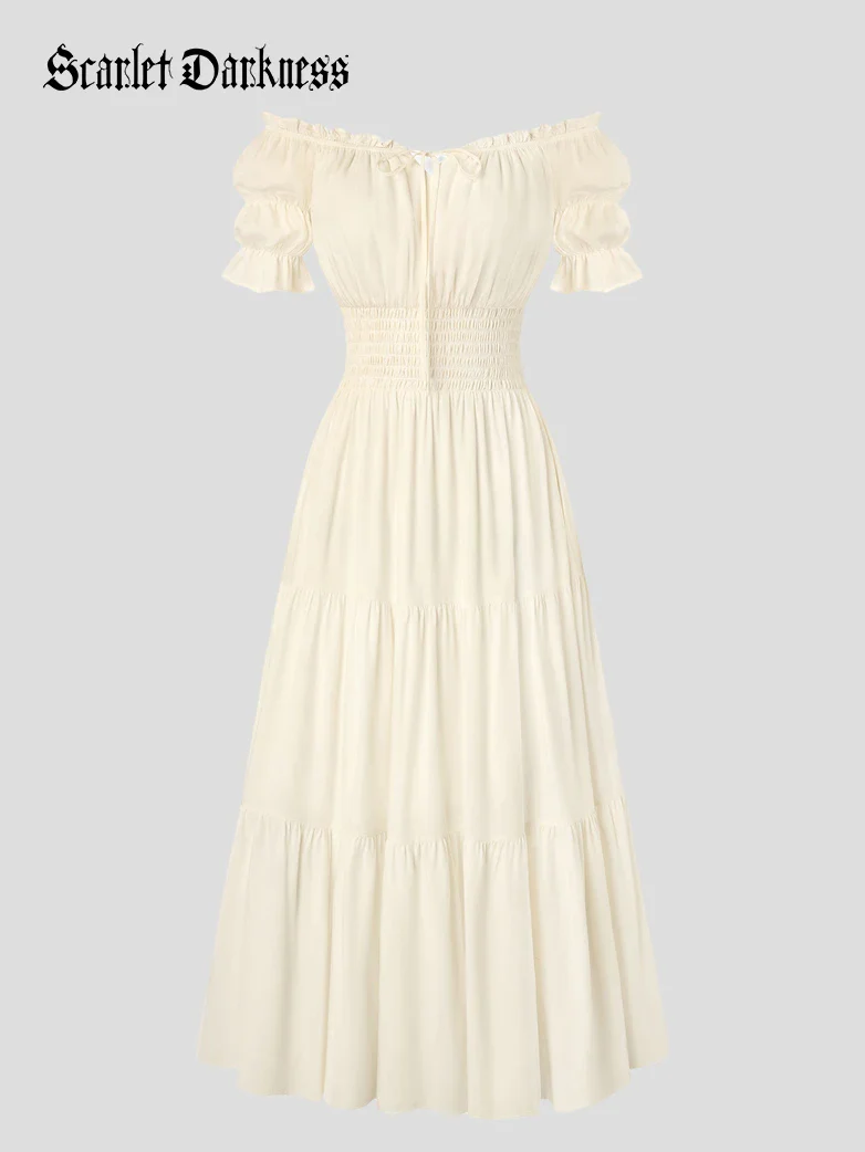 Women's Off Shoulder Puff Sleeve Smocked Waist Maxi Dress - Image 4