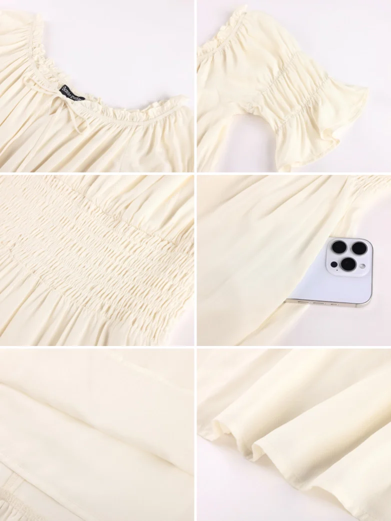 Women's Off Shoulder Puff Sleeve Smocked Waist Maxi Dress - Image 5