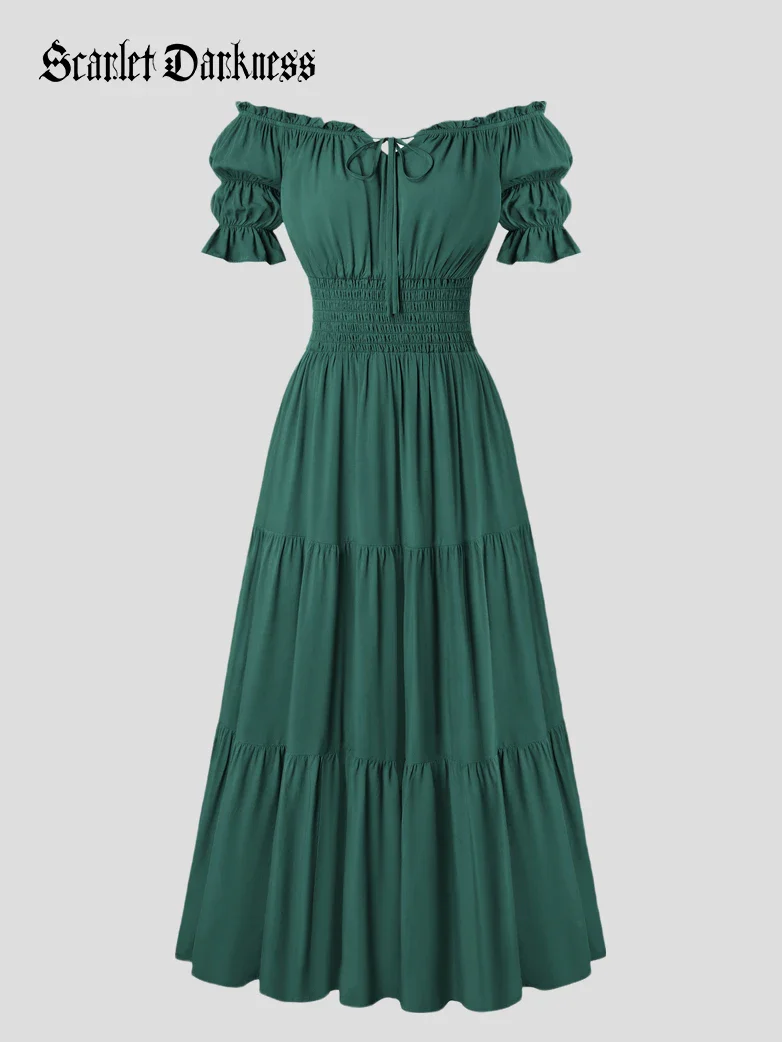 Women's Off Shoulder Puff Sleeve Smocked Waist Maxi Dress - Image 6