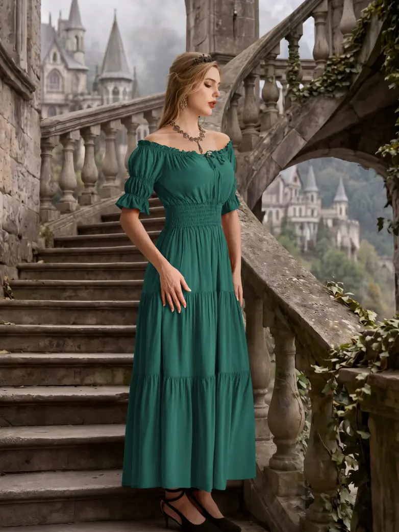 Women's Off Shoulder Puff Sleeve Smocked Waist Maxi Dress - Image 7