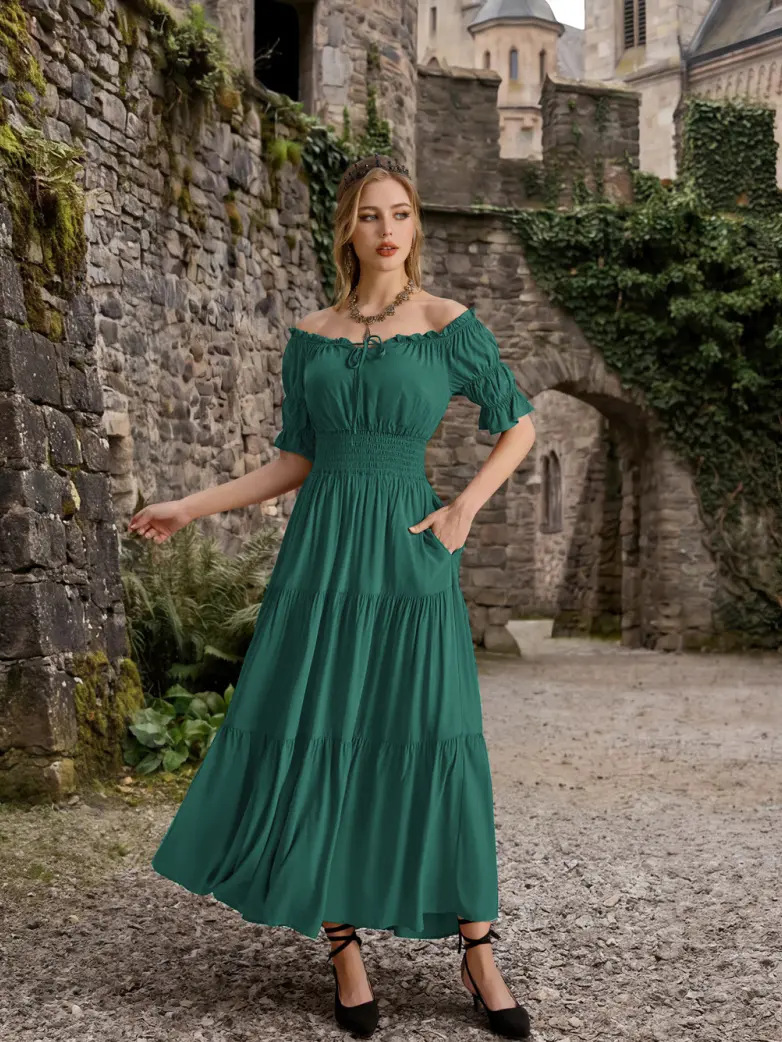 Women's Off Shoulder Puff Sleeve Smocked Waist Maxi Dress - Image 8