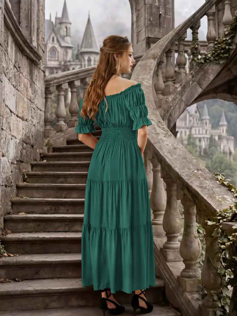 Women's Off Shoulder Puff Sleeve Smocked Waist Maxi Dress - Image 9