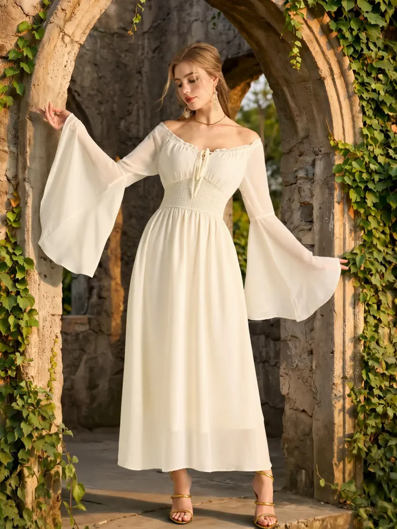 Women's Renaissance Dress Off Shoulder Bell Sleeve Maxi Dress - Image 11